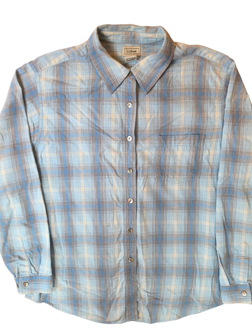 L.L. Bean Vintage Womans Large Button Down Flannel Shirt Blue Plaid Cabincore